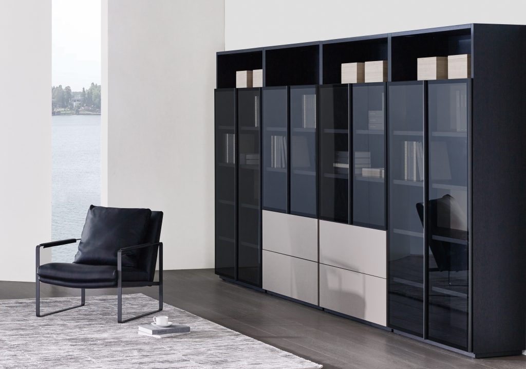 Cabinet,CONTENT-04,Grey Oak+Tuscan Tan+Black Alu Glass Door
